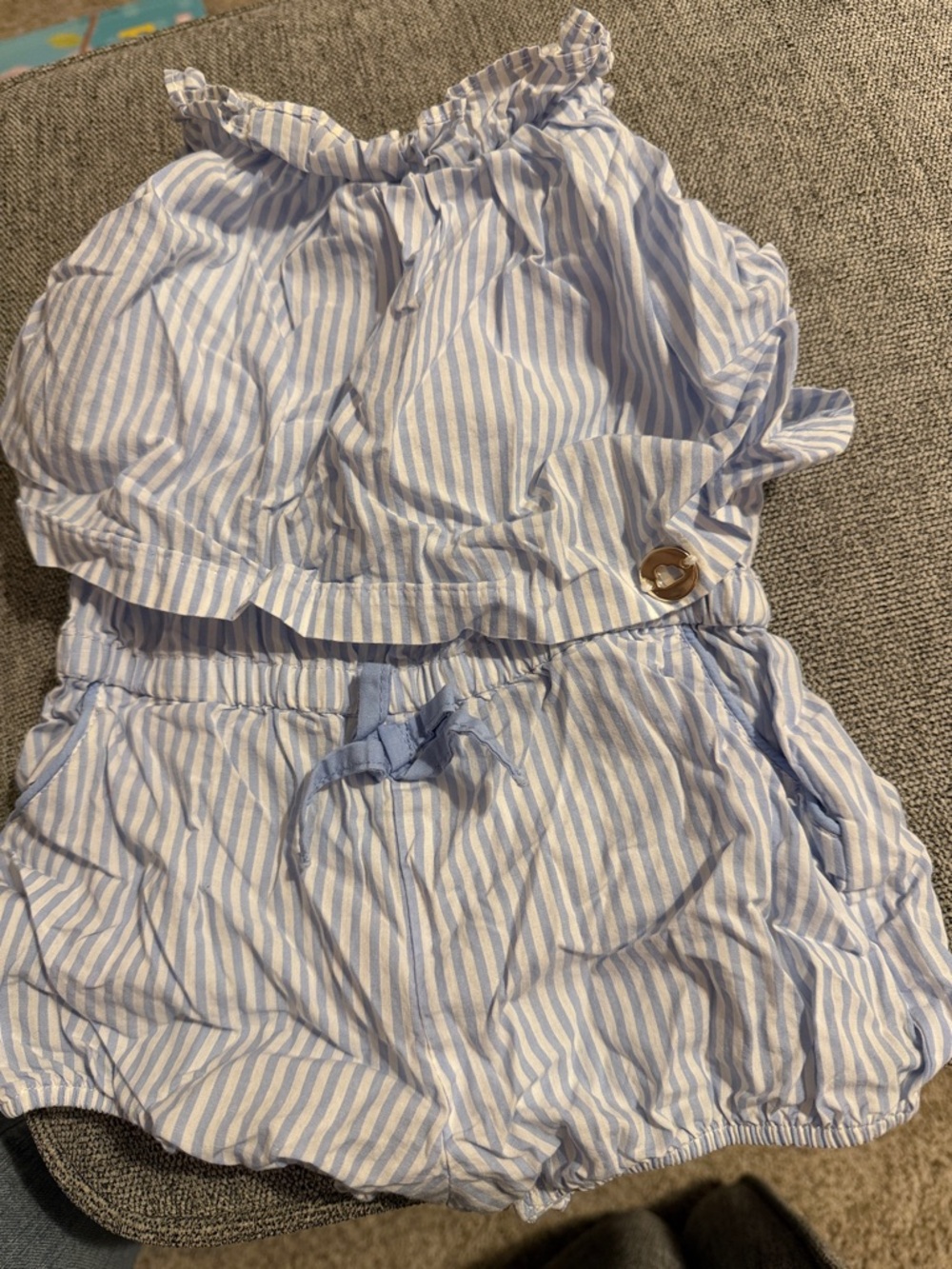 Mayoral Light Blue and White Striped Girls Romper